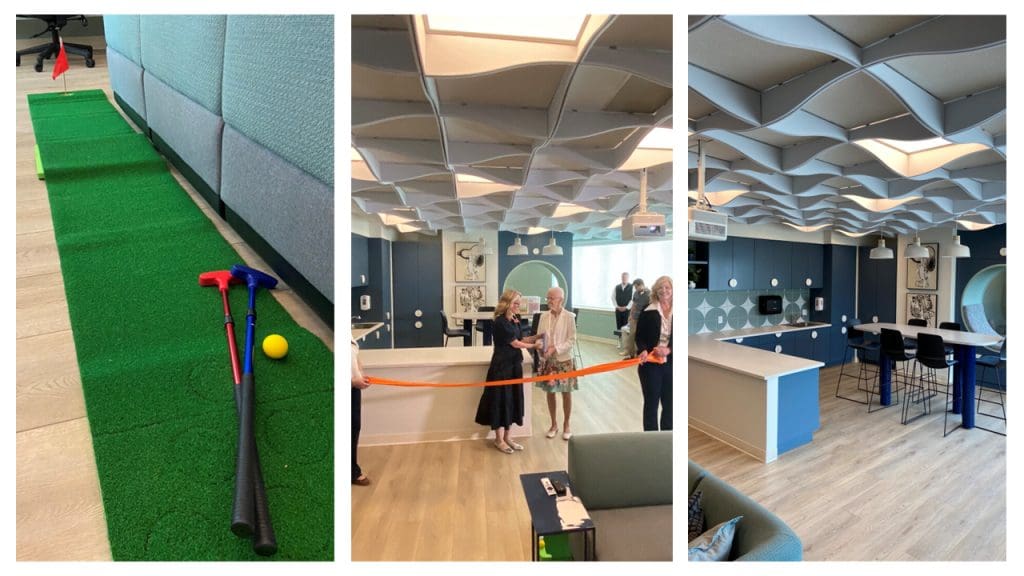 The teen lounge features a putting green, gaming, a screen for movie nights, and quiet spaces to get away from it all. 